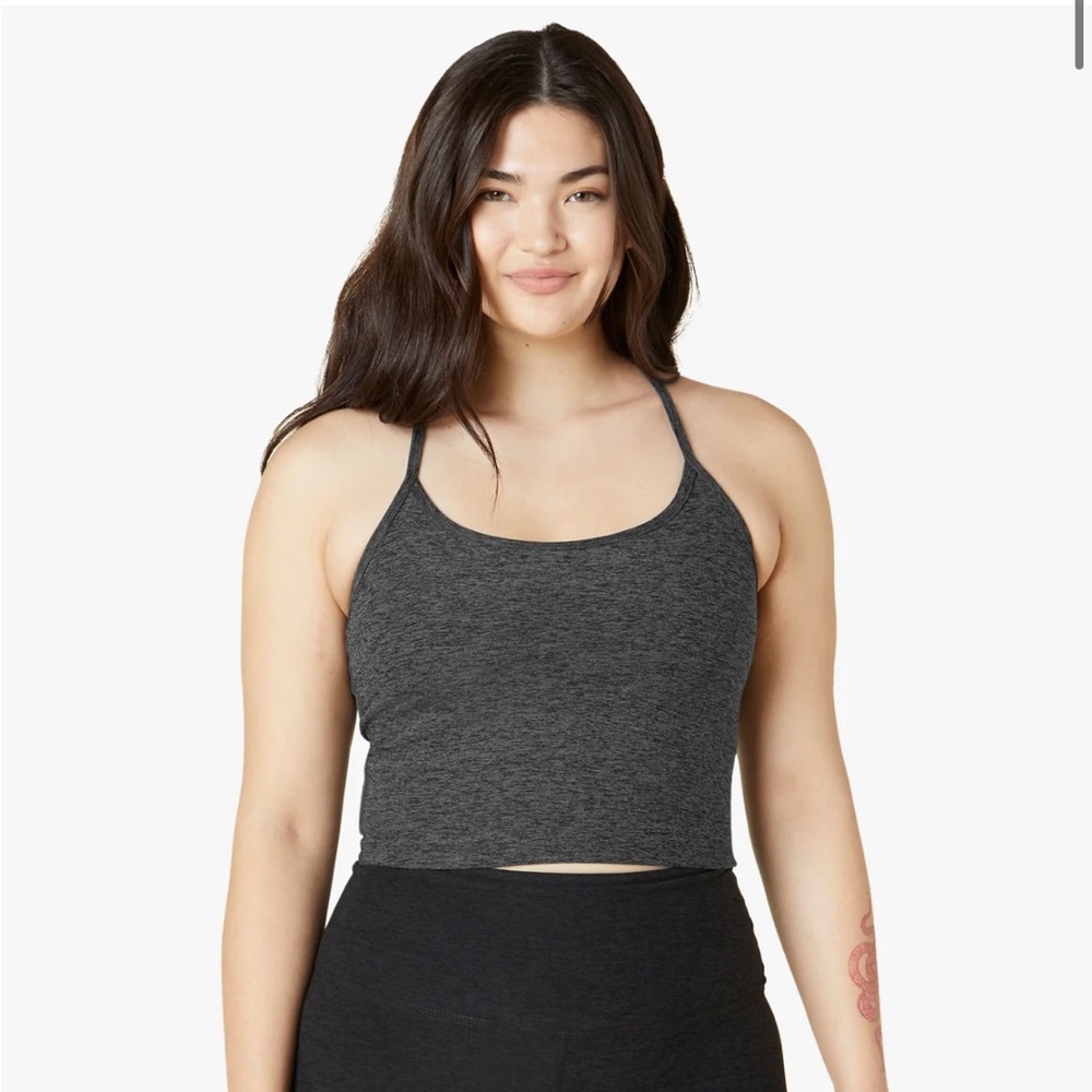 Beyond Yoga Spacedye Slim Racerback Cropped Tank in Black Charcoal, Size Small